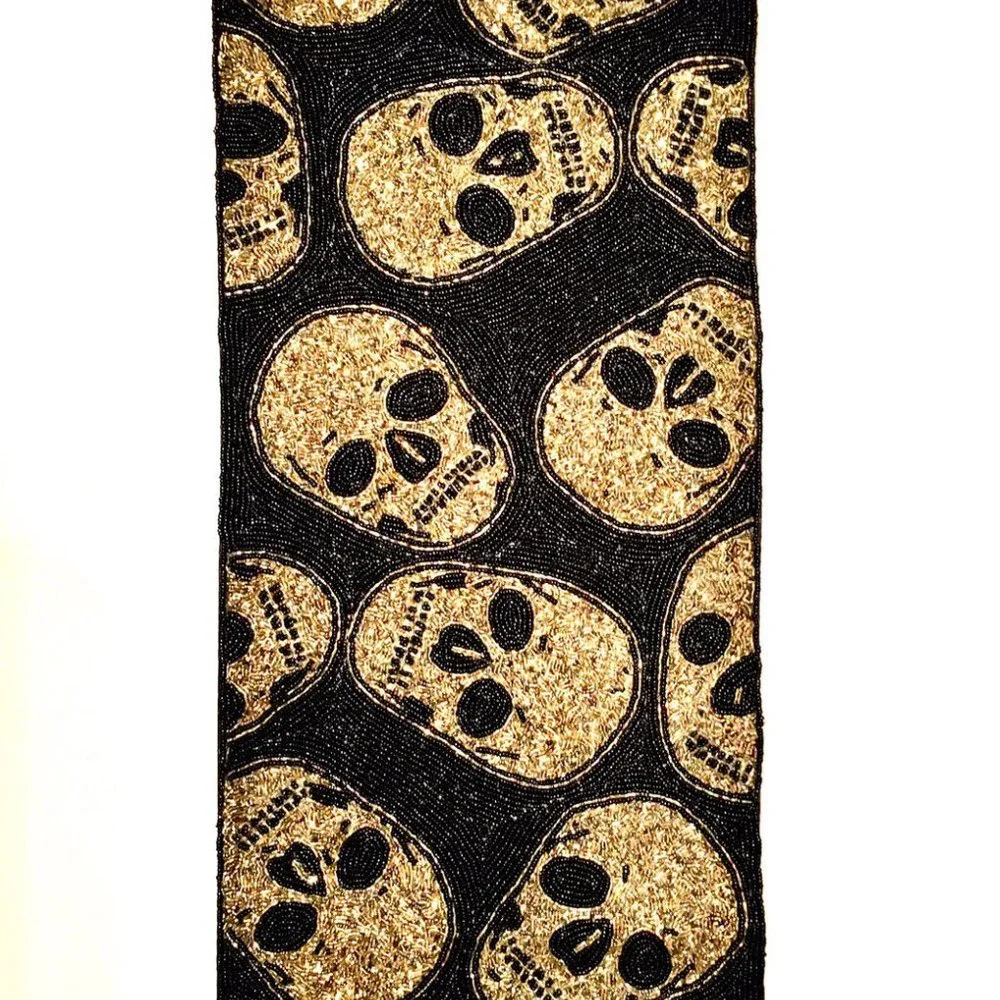 Nicole Miller Halloween Beaded Gold Skull Table Runner Centerpiece Designer